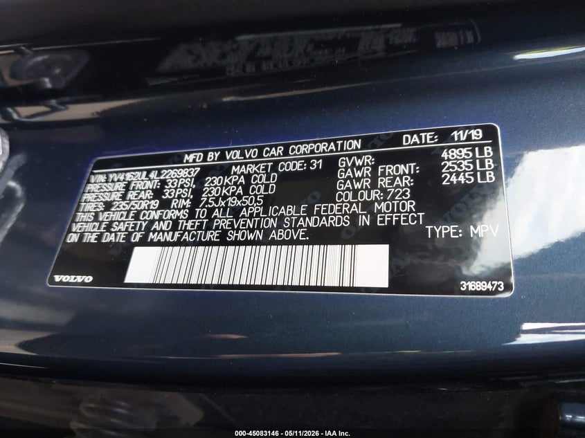 2020 Volvo Xc40 VIN YV4162UL4L2269837 IAAI salvage auction — FRONT END, Salvage Title, sold $4,900 on 2026-07-30 (photo 9)