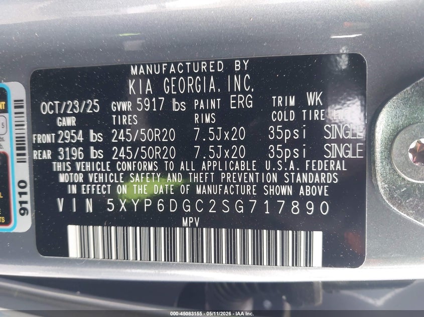 2025 Kia Telluride VIN 5XYP6DGC2SG717890 IAAI salvage auction — REAR END, Salvage (North Carolina), sold $12,500 on 2026-07-13 (photo 9)