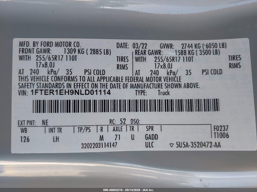 2022 Ford Ranger VIN 1FTER1EH9NLD01114 IAAI salvage auction — FRONT END, Salvage (Texas), sold $5,450 on 2026-07-09 (photo 9)