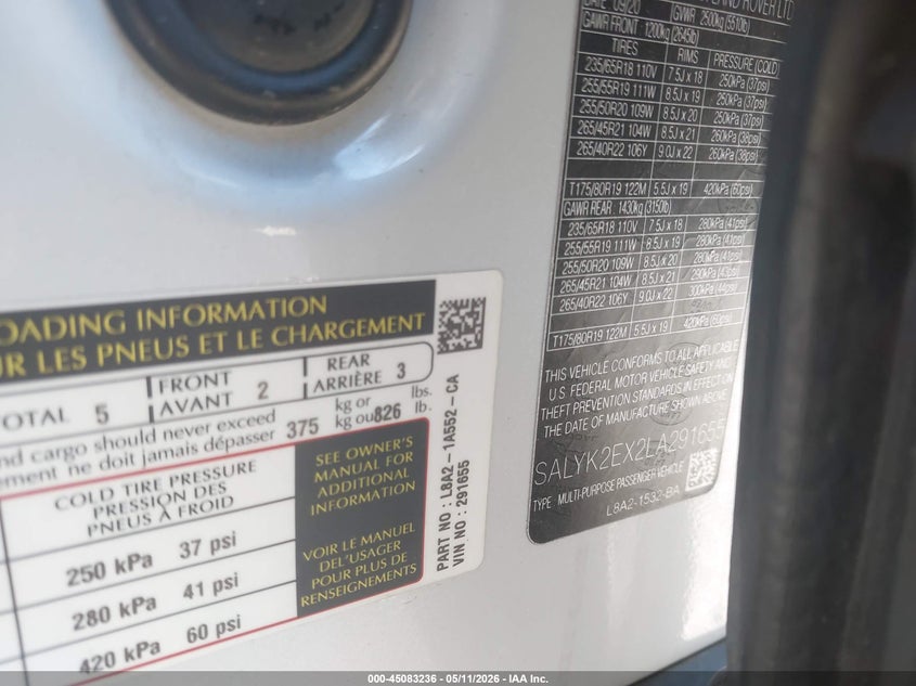 2020 Land rover Range rover velar VIN SALYK2EX2LA291655 IAAI salvage auction — FRONT END, Salvage (Illinois), sold $14,000 on 2026-07-15 (photo 9)