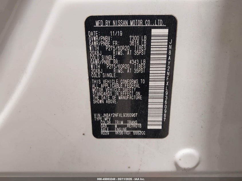 2020 Nissan Armada VIN JN8AY2NFXL9360967 IAAI salvage auction — LEFT REAR, Salvage (North Carolina), sold $6,975 on 2026-08-01 (photo 9)