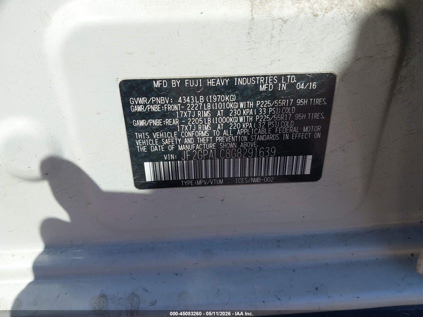 2016 Subaru Xv VIN JF2GPALC8G8291639 IAAI salvage auction — FRONT END, Salvage (New Hampshire), sold $2,650 on 2026-07-15 (photo 9)