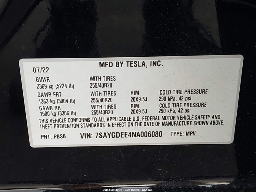 2022 Tesla Model y VIN 7SAYGDEE4NA006080 IAAI salvage auction — LEFT FRONT, Certificate Of Destruction (Florida), sold $11,000 on 2026-07-23 (photo 9)