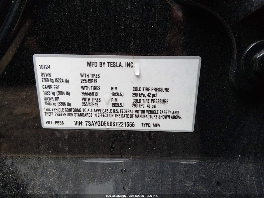 2025 Tesla Model y VIN 7SAYGDEE0SF221566 IAAI salvage auction — LEFT SIDE, Salvage (Massachusetts), sold $13,100 on 2026-07-28 (photo 9)