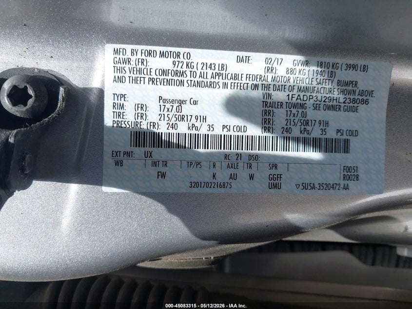 2017 Ford Focus VIN 1FADP3J29HL238086 IAAI salvage auction — FRONT END, Salvage Title, sold $625 on 2026-07-31 (photo 9)