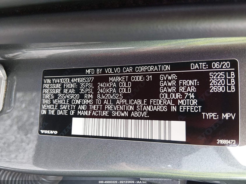 2021 Volvo Xc60 VIN YV4102DL4M1685377 IAAI salvage auction — LEFT REAR, Salvage (Alabama), sold $6,450 on 2026-07-09 (photo 9)