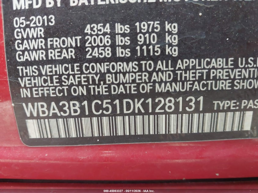 2013 BMW 3er VIN WBA3B1C51DK128131 IAAI salvage auction — FRONT END, Salvage (North Carolina), sold $1,150 on 2026-08-17 (photo 9)