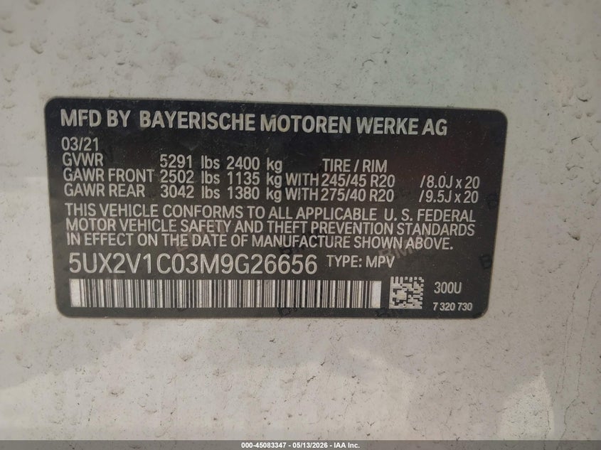 2021 BMW X4 VIN 5UX2V1C03M9G26656 IAAI salvage auction — FRONT & REAR, Salvage - Greater Than 75% (Maryland), sold $9,600 on 2026-07-21 (photo 9)