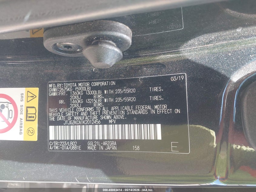 2019 Lexus Rx VIN JTJGZKCA1K2012456 IAAI salvage auction — HAIL, Original (Texas), sold $14,500 on 2026-07-09 (photo 9)