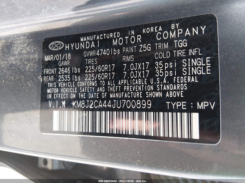 2018 Hyundai Tucson VIN KM8J2CA44JU700899 IAAI salvage auction — UNDERCARRIAGE, Salvage (South Carolina), sold $25 on 2026-07-29 (photo 9)