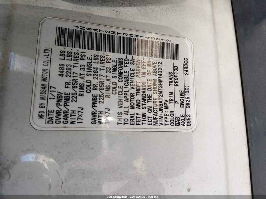 2017 Nissan Rogue VIN JN8AT2MT3HW143212 IAAI salvage auction — FRONT END, Salvage (North Carolina), sold $175 on 2026-07-06 (photo 9)