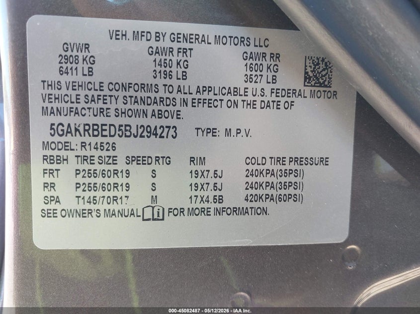 2011 Buick Enclave VIN 5GAKRBED5BJ294273 IAAI salvage auction — RIGHT FRONT, Mv-907A (New York), sold $425 on 2026-07-18 (photo 9)
