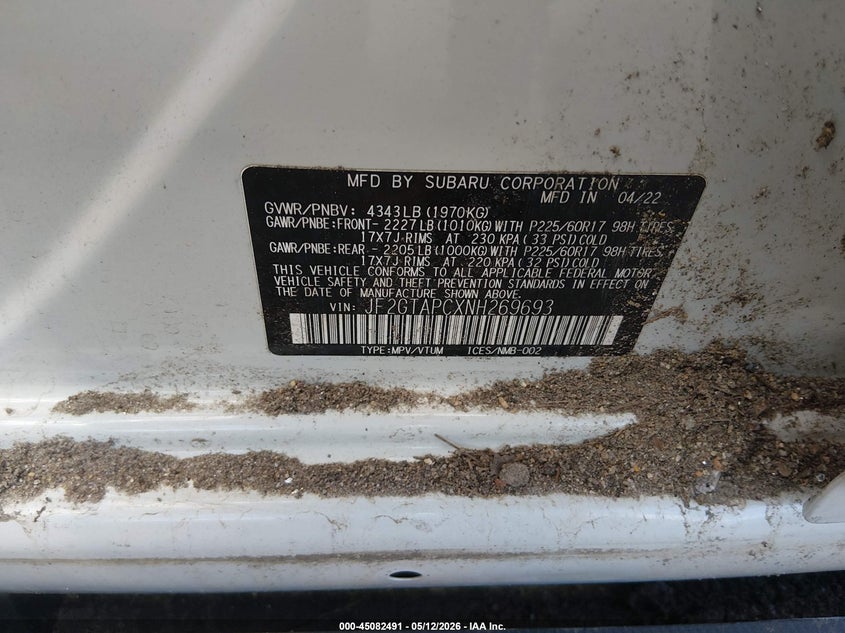 2022 Subaru Xv VIN JF2GTAPCXNH269693 IAAI salvage auction — FRONT & REAR, Salvage Title, sold $925 on 2026-07-22 (photo 9)