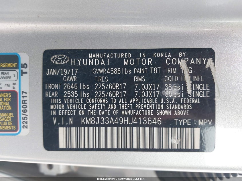 2017 Hyundai Tucson VIN KM8J33A49HU413646 IAAI salvage auction — RIGHT FRONT, Rebuildable (Florida), sold $2,650 on 2026-07-15 (photo 9)