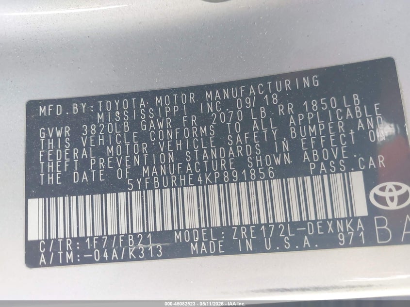 2019 Toyota Corolla VIN 5YFBURHE4KP891856 IAAI salvage auction — LEFT FRONT, Salvage (California), sold $675 on 2026-07-22 (photo 9)