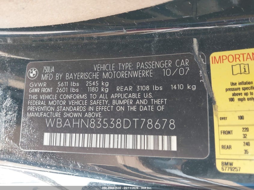 2008 BMW 7er VIN WBAHN83538DT78678 IAAI salvage auction — FRONT END, Salvage (Texas), sold $1,150 on 2026-07-06 (photo 9)