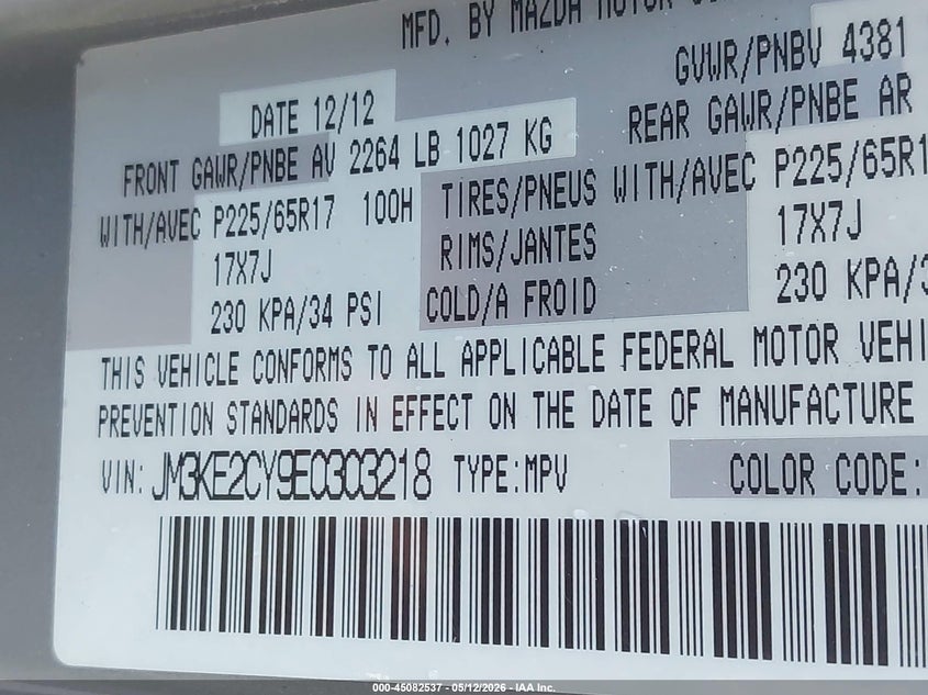2014 Mazda Cx-5 VIN JM3KE2CY9E0303218 IAAI salvage auction — RIGHT REAR, Original (Texas), sold $3,000 on 2026-07-14 (photo 9)