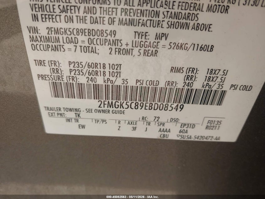 2014 Ford Flex VIN 2FMGK5C89EBD08549 IAAI salvage auction — REAR END, Salvage (Texas), sold $1,600 on 2026-07-09 (photo 9)