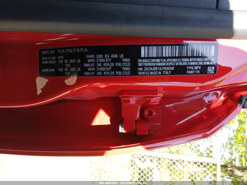 2020 Jeep Renegade VIN ZACNJBB13LPK95045 IAAI salvage auction — FRONT END, Salvage (New Jersey), sold $3,575 on 2026-08-08 (photo 9)