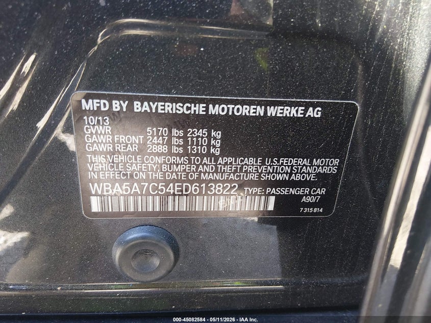 2014 BMW 5er VIN WBA5A7C54ED613822 IAAI salvage auction — REAR END, Salvage (Idaho), sold $2,000 on 2026-07-13 (photo 9)