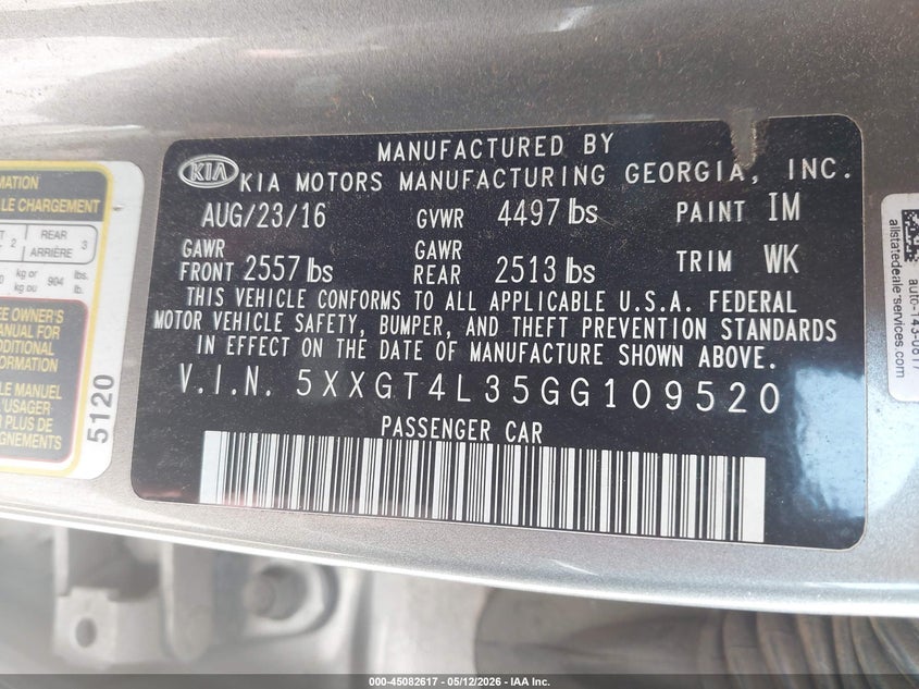 2016 Kia Optima VIN 5XXGT4L35GG109520 IAAI salvage auction — FRONT END, Salvage (Georgia), sold $1,450 on 2026-07-15 (photo 9)