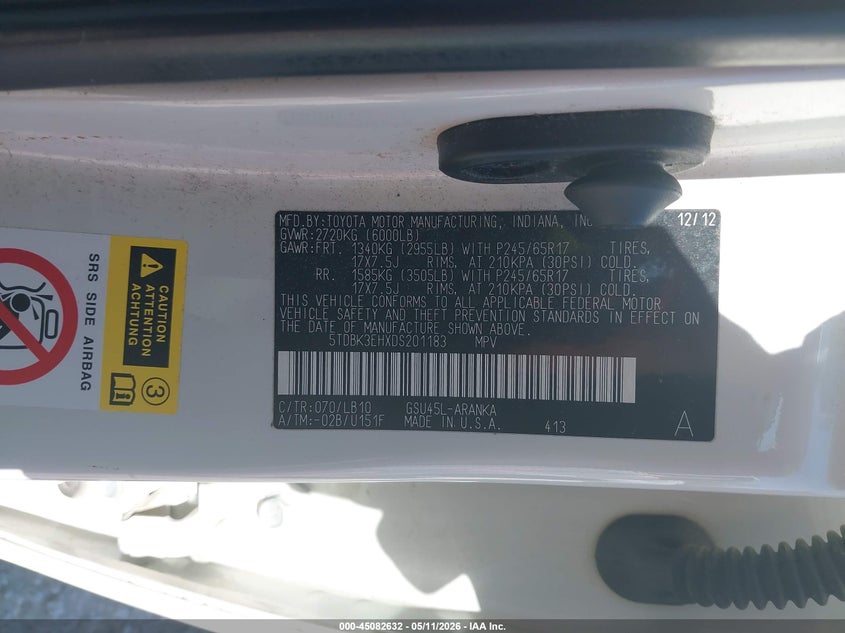 2013 Toyota Highlander VIN 5TDBK3EHXDS201183 IAAI salvage auction — HAIL, Clear (Missouri), sold $3,000 on 2026-07-06 (photo 9)