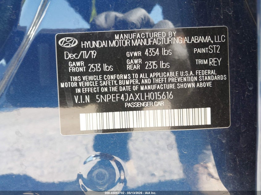 2020 Hyundai Sonata VIN 5NPEF4JAXLH015616 IAAI salvage auction — HAIL, Salvage (Iowa), sold $6,050 on 2026-07-06 (photo 9)