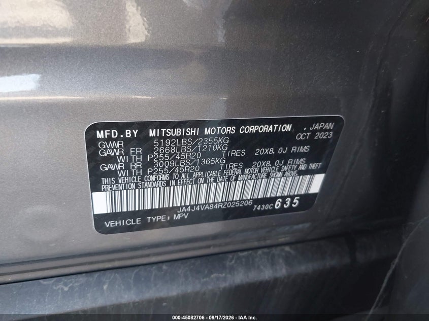 2024 Mitsubishi Outlander VIN JA4J4VA84RZ025206 IAAI salvage auction — FRONT END, Salvage (Georgia), sold $7,800 on 2026-09-22 (photo 9)