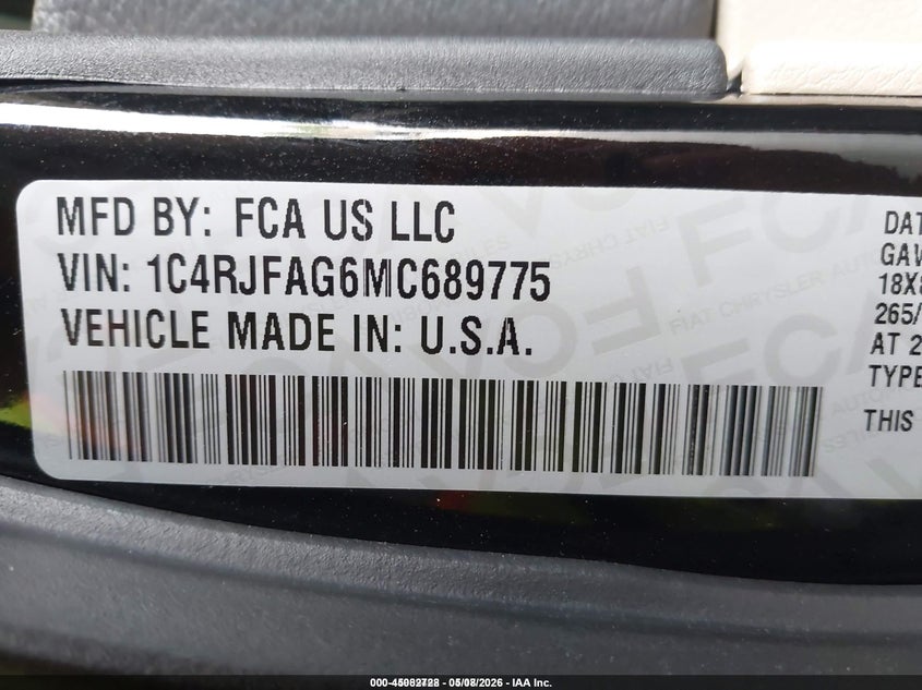 2021 Jeep Grand cherokee VIN 1C4RJFAG6MC689775 IAAI salvage auction — FRONT & REAR, SF97 (Kansas), sold $15,300 on 2026-07-09 (photo 9)