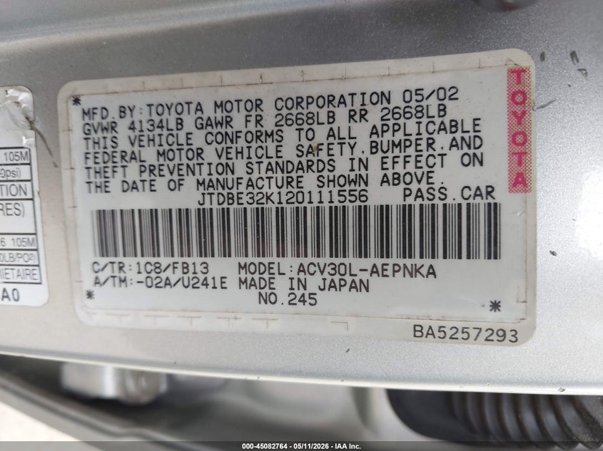 2002 Toyota Camry VIN JTDBE32K120111556 IAAI salvage auction — REAR END, Salvage (Georgia), sold $225 on 2026-07-16 (photo 9)