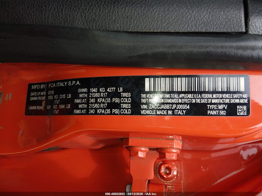 2018 Jeep Renegade VIN ZACCJABB7JPJ06954 IAAI salvage auction — FRONT END, Clear (South Carolina), sold $1,500 on 2026-07-07 (photo 9)