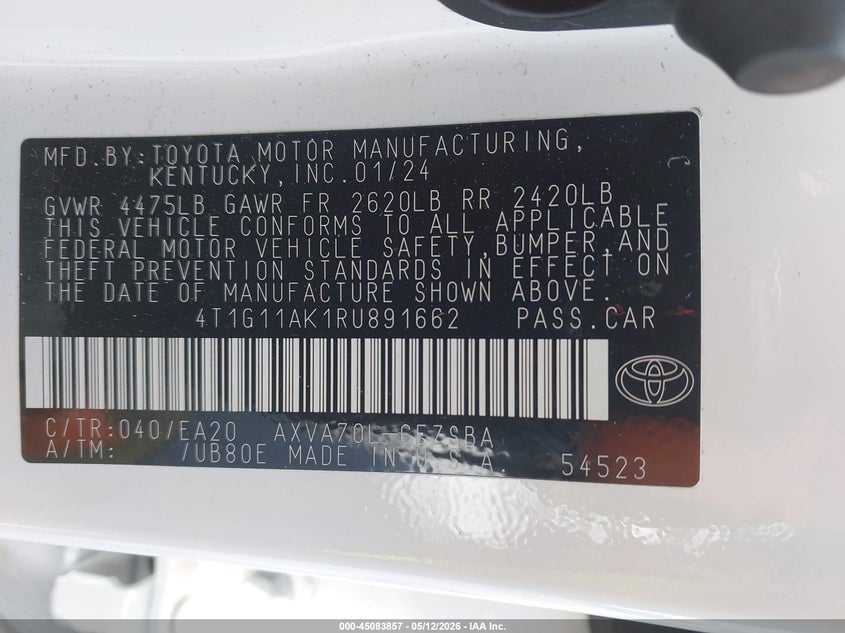 2024 Toyota Camry VIN 4T1G11AK1RU891662 IAAI salvage auction — FRONT & REAR, Salvage (California), sold $8,550 on 2026-07-28 (photo 9)