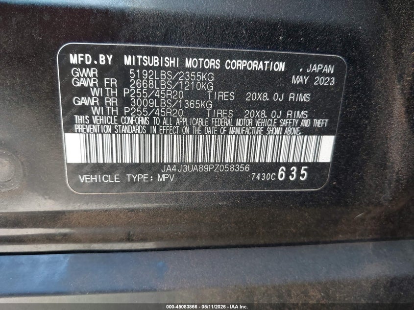 2023 Mitsubishi Outlander VIN JA4J3UA89PZ058356 IAAI salvage auction — FRONT END, Salvage (Arizona), sold $5,800 on 2026-07-28 (photo 9)