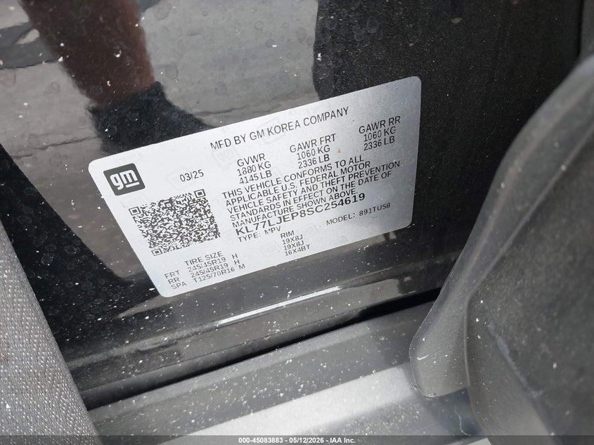 2025 Chevrolet Trax VIN KL77LJEP8SC254619 IAAI salvage auction — FRONT END, Certificate Of Destruction (Florida), sold $25 on 2026-07-22 (photo 9)