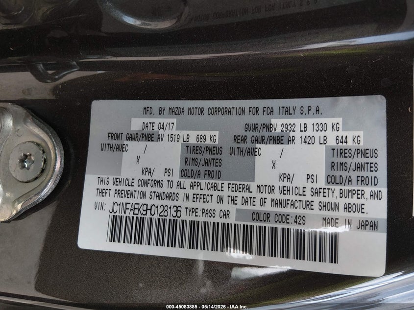 2017 Fiat 124 spider VIN JC1NFAEK9H0128136 IAAI salvage auction — RIGHT FRONT, Salvage (Texas), sold $4,025 on 2026-07-15 (photo 9)