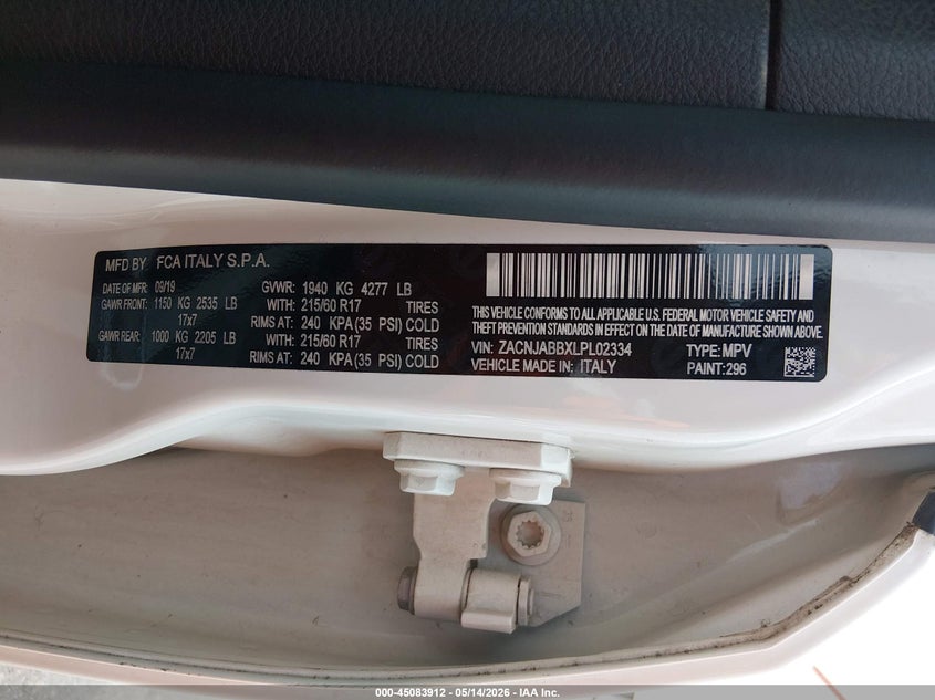 2020 Jeep Renegade VIN ZACNJABBXLPL02334 IAAI salvage auction — LEFT FRONT, Clear (Missouri), sold $2,600 on 2026-07-16 (photo 9)