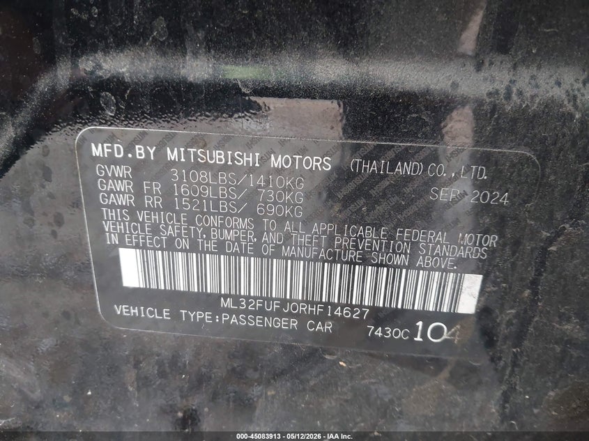 2024 Mitsubishi Mirage VIN ML32FUFJ0RHF14627 IAAI salvage auction — FRONT END, Salvage (Texas), sold $250 on 2026-07-10 (photo 9)