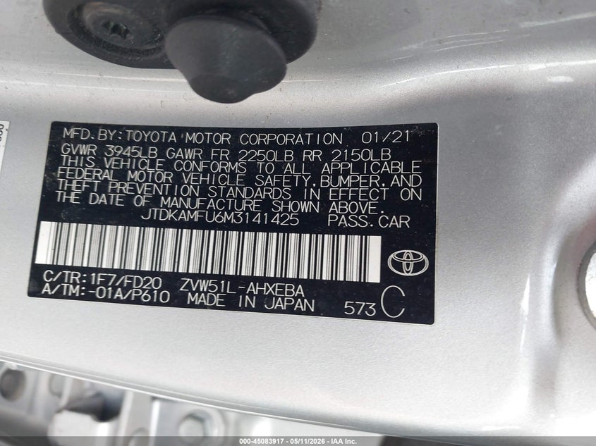 2021 Toyota Prius VIN JTDKAMFU6M3141425 IAAI salvage auction — FRONT END, Salvage (Wisconsin), sold $5,000 on 2026-07-16 (photo 9)