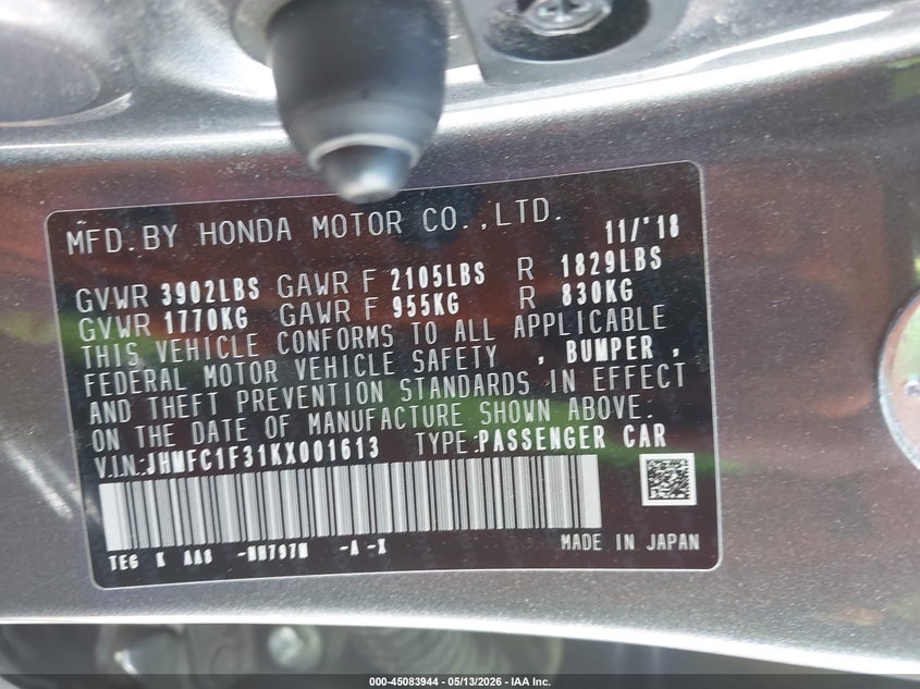 2019 Honda Civic VIN JHMFC1F31KX001613 IAAI salvage auction — FRONT END, Salvage Title, sold $5,275 on 2026-07-15 (photo 9)