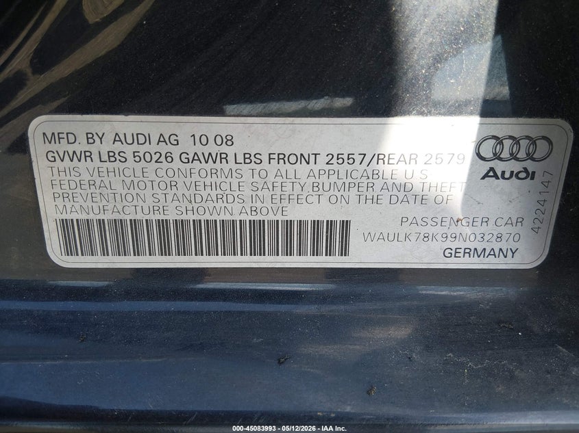 2009 Audi A4 VIN WAULK78K99N032870 IAAI salvage auction — UNKNOWN, Salvage - Greater Than 75% (Maryland), sold $425 on 2026-07-06 (photo 9)