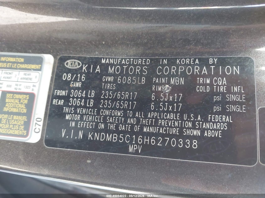 2017 Kia SEDONA VIN KNDMB5C16H6270338 IAAI salvage auction — NORMAL WEAR, Clear-Dealer Only (Montana), sold $925 on 2026-07-08 (photo 9)