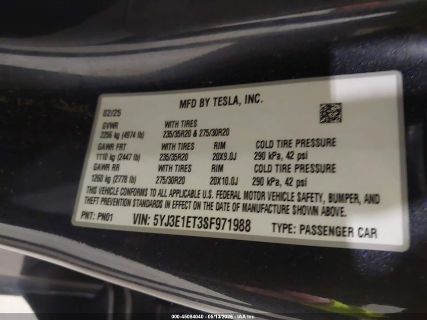 2025 Tesla Model 3 VIN 5YJ3E1ET3SF971988 IAAI salvage auction — FRONT END, Mv-907A (New York), sold $14,350 on 2026-07-23 (photo 9)
