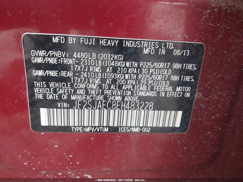 2014 Subaru Forester VIN JF2SJAEC8EH483228 IAAI salvage auction — FRONT END, Salvage - Greater Than 75% (Maryland), sold $425 on 2026-07-13 (photo 9)