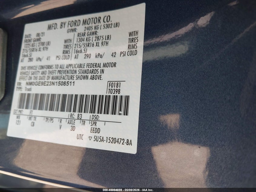2022 Ford Transit connect VIN NM0GE9E23N1508511 IAAI salvage auction — NORMAL WEAR, Sf97 (Maryland), sold $12,825 on 2026-07-21 (photo 9)