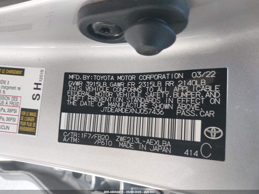 2022 Toyota Corolla VIN JTDEAMDEXNJ057436 IAAI salvage auction — RIGHT SIDE, Salvage (Texas), sold $5,400 on 2026-07-08 (photo 9)