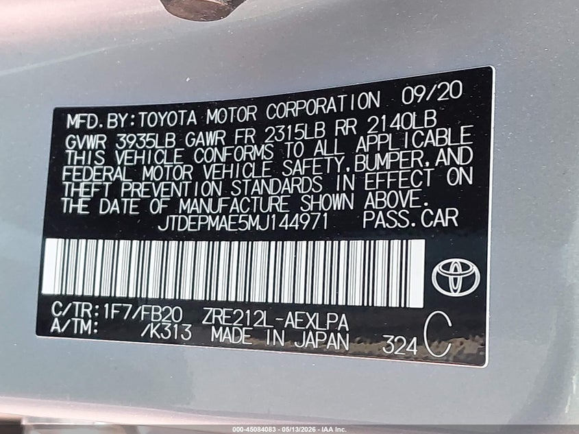 2021 Toyota Corolla VIN JTDEPMAE5MJ144971 IAAI salvage auction — SIDE, Original (Texas), sold $9,000 on 2026-07-14 (photo 9)