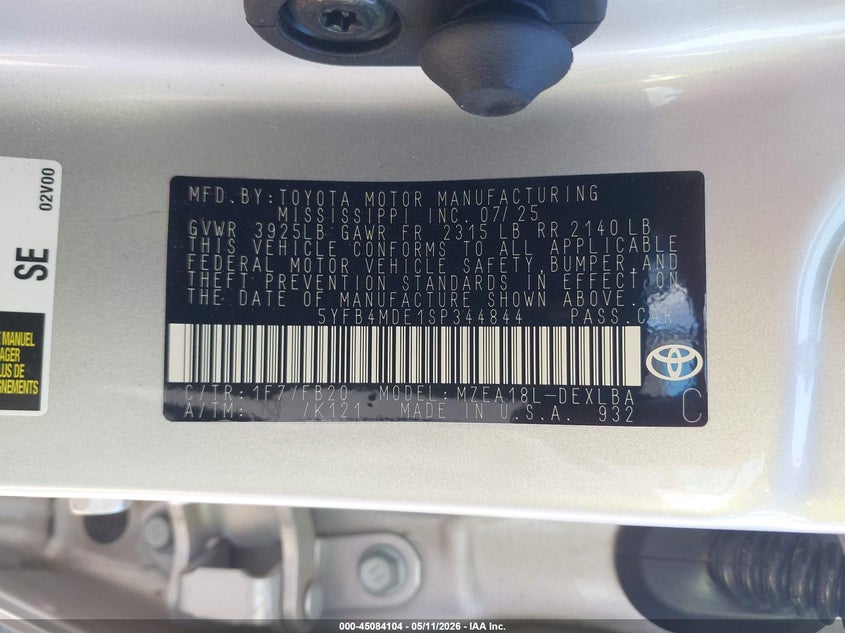 2025 Toyota Corolla VIN 5YFB4MDE1SP344844 IAAI salvage auction — FRONT END, Salvage (Indiana), sold $6,400 on 2026-07-21 (photo 9)