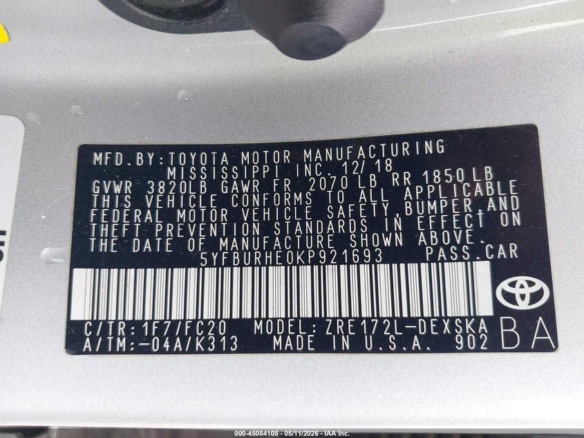 2019 Toyota Corolla VIN 5YFBURHE0KP921693 IAAI salvage auction — FRONT END, Original (Texas), sold $4,550 on 2026-07-23 (photo 9)