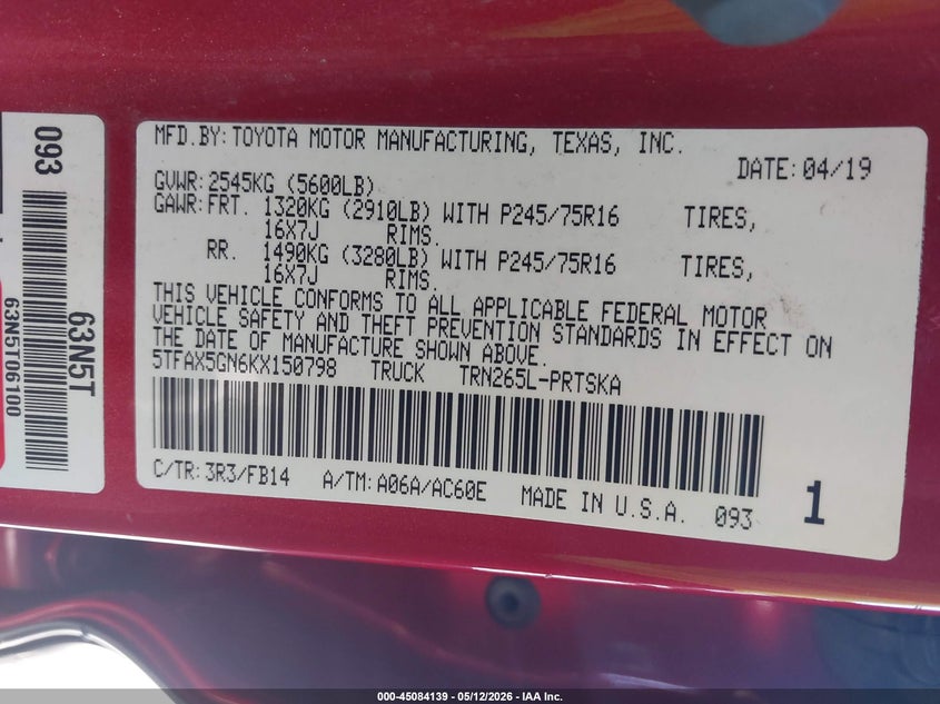 2019 Toyota Tacoma VIN 5TFAX5GN6KX150798 IAAI salvage auction — FRONT END, Salvage (Texas), sold $8,650 on 2026-07-14 (photo 9)