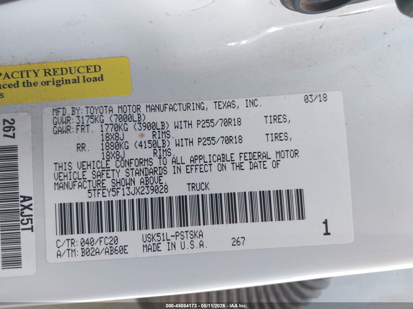 2018 Toyota Tundra VIN 5TFEY5F13JX239028 IAAI salvage auction — FRONT END, Salvage (Texas), sold $8,050 on 2026-07-07 (photo 9)